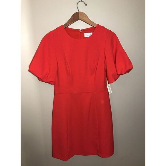 Eliza J Stretch Square Neck Short Puffed Sleeve Sheath Dress Size 6 Red NWT $128 - Picture 3 of 7